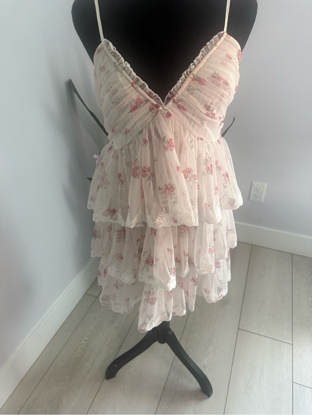 Altar'd State Cream and Pink Tiered Floral Spaghetti-Strap Dress